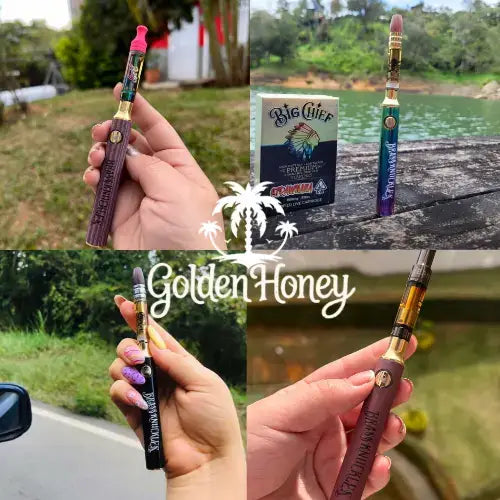 Collage de vaporizadores Golden Honey en diversos entornos, mostrando colores vibrantes y diseños elegantes.