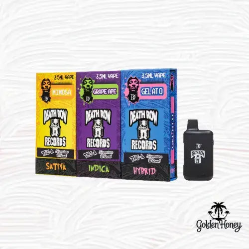 Death Row Dispositivo 3.5ML featuring Mimosa, Grape Ape, Gelato vape flavors in stylish packaging.