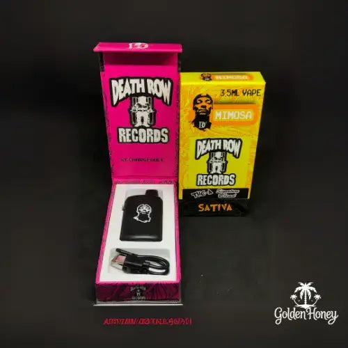 Death Row Records vaping device kit featuring a 3.5ML Mimosa vape cartridge in colorful packaging.