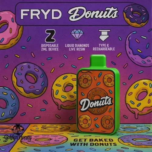 Fryd Donuts 2ML device with colorful donut design, showcasing its rechargeable feature and liquid diamonds live resin.
