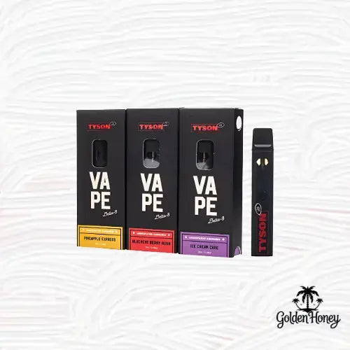 Vape products featuring Tyson brand in various flavors including Pineapple Express and Ice Cream Cake.