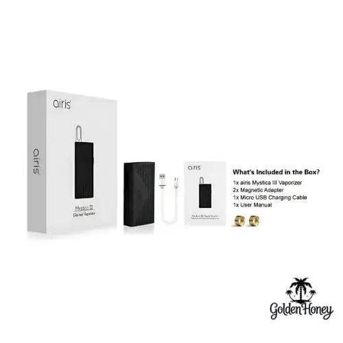 Airis Mistica 3 battery kit including vaporizer, magnetic adapter, USB cable, and user manual.