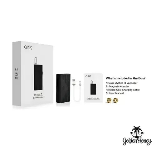 Airis Mistica 3 battery kit including vaporizer, magnetic adapter, USB cable, and user manual.