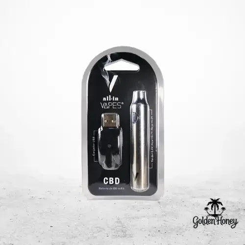 Batería All in Vapes con cargador USB, capacidad de 650 mAh para sesiones prolongadas, diseño moderno.