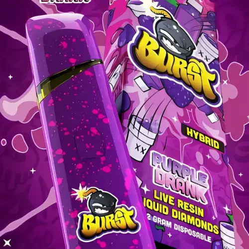 Burst disposable vape device in purple design featuring live resin liquid diamonds, hybrid flavor, and 2-gram capacity.