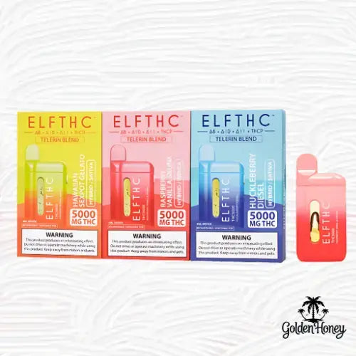 ElfTHC 5ml disposable device with colorful packaging showcasing various flavors and 5000 mg THC.