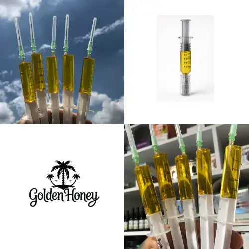Viales de destilado de THC de primera calidad de Golden Honey, con un rico aceite dorado para recargar cartuchos.