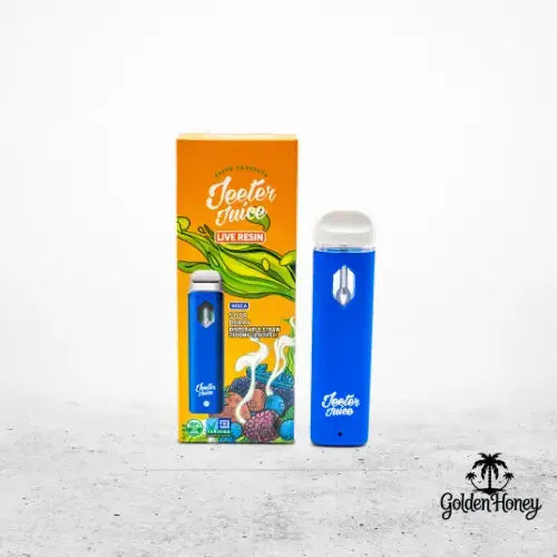 Jeeter Juice 2ML device in blue with premium Live Resin oil packaging against a simple white background.