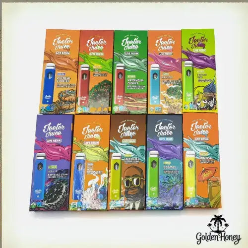 Colorful display of Jeeter Juice vape devices in various flavors and packaging, emphasizing premium Live Resin quality.