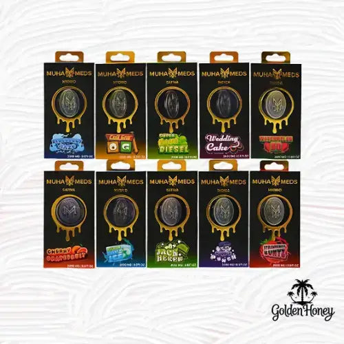 Variety of Muha Meds 2ML cartridges showcasing different flavors and designs in colorful packaging.