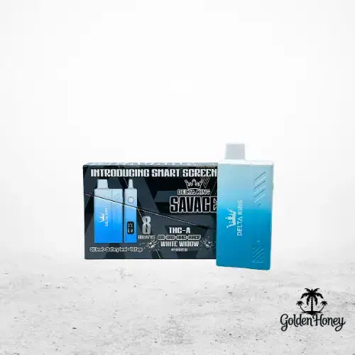 Delta King SAVAGE device packaging featuring futuristic design and advanced performance in blue and white colors.