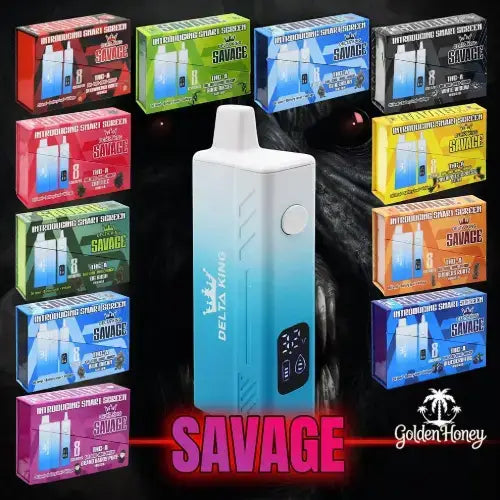 Delta King SAVAGE 8ML device with colorful packaging options displayed around it.