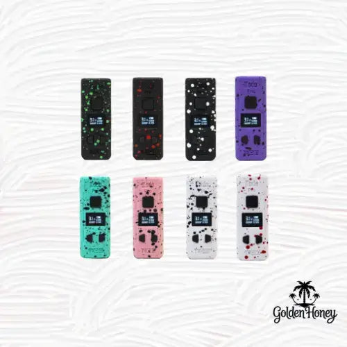 Variety of Wulf Kodo Pro batteries in different colors with OLED displays, showcasing unique designs and features.