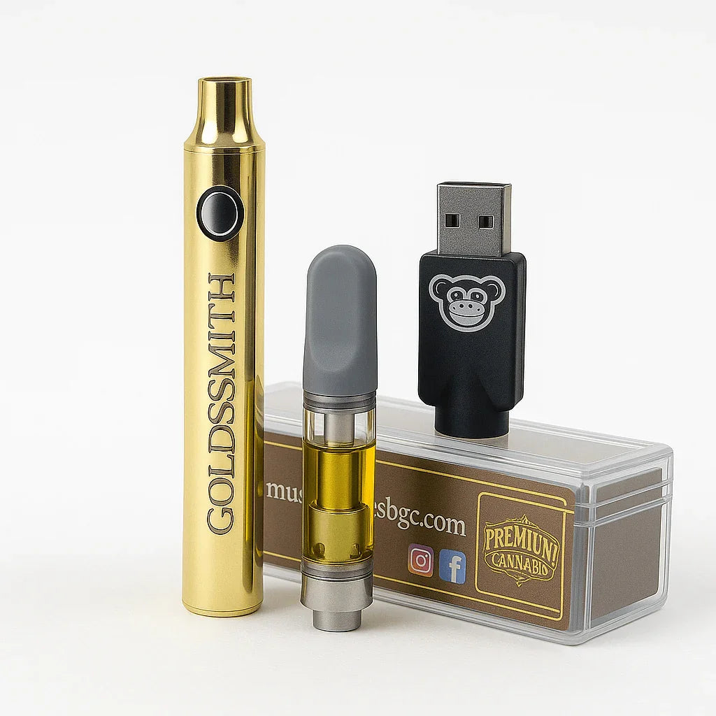 Kits de THC con batería dorada, cartucho de destilado y cargador USB en paquete premium.