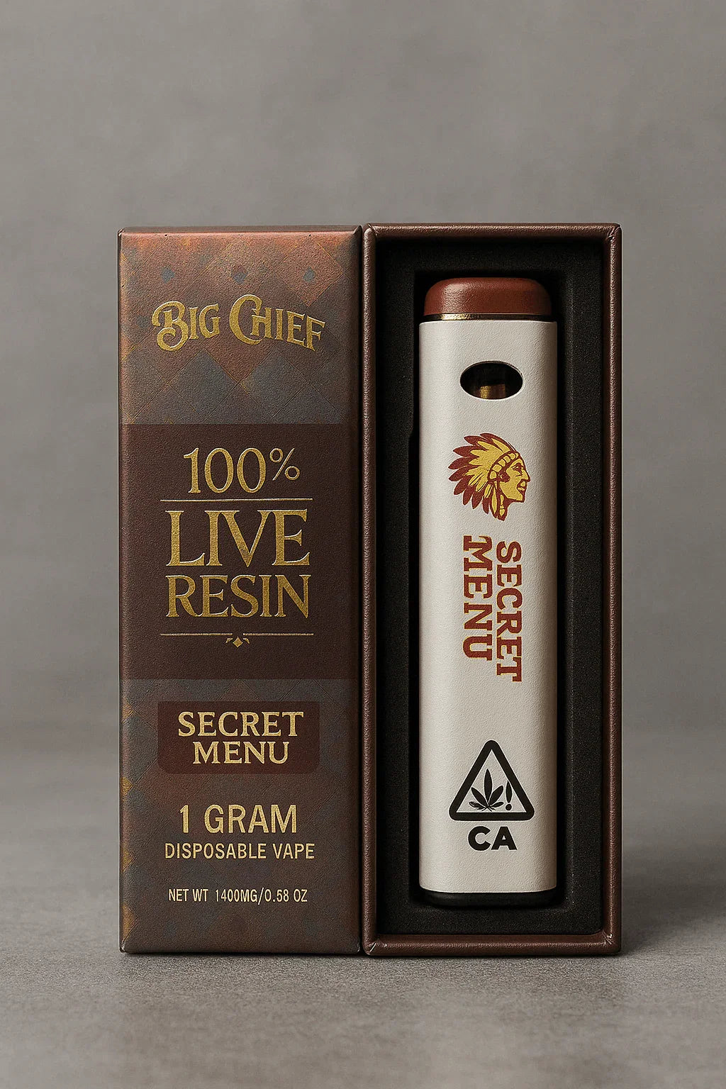 Vaporizador desechable Big Chief con resina viva, con un elegante envase y marca, diseñado para ofrecer la máxima comodidad.