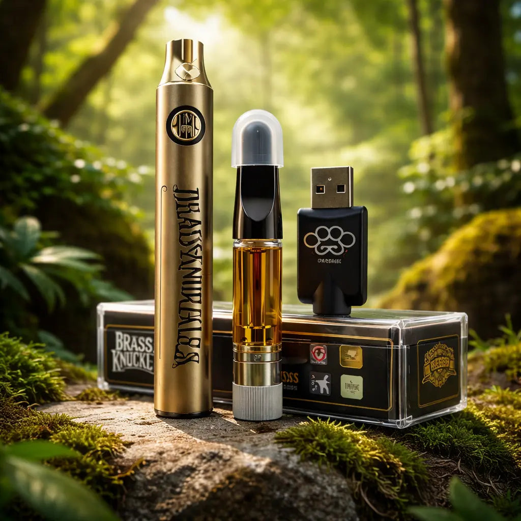 Kits de THC con batería dorada, cartucho de destilado y cargador USB en paquete premium.