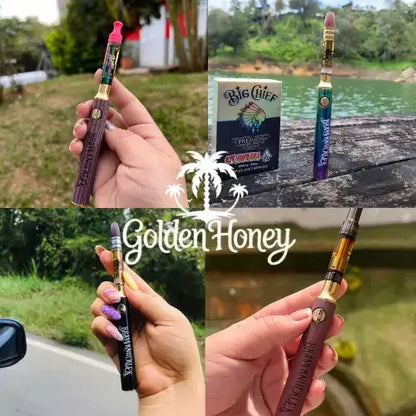 Collage de vaporizadores Golden Honey en diversos entornos, mostrando colores vibrantes y diseños elegantes.