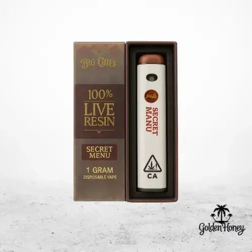 Big Chief disposable vape with 100% live resin, featuring Secret Menu packaging with 1 gram capacity.