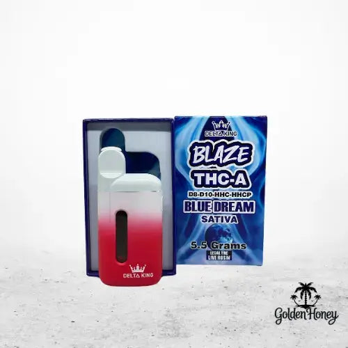Delta King Blaze THC-A vape device with Blue Dream flavor, featuring a sleek design and 5.5 grams capacity.
