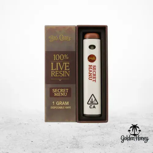 Big Chief disposable vape with 100% live resin, featuring Secret Menu packaging with 1 gram capacity.