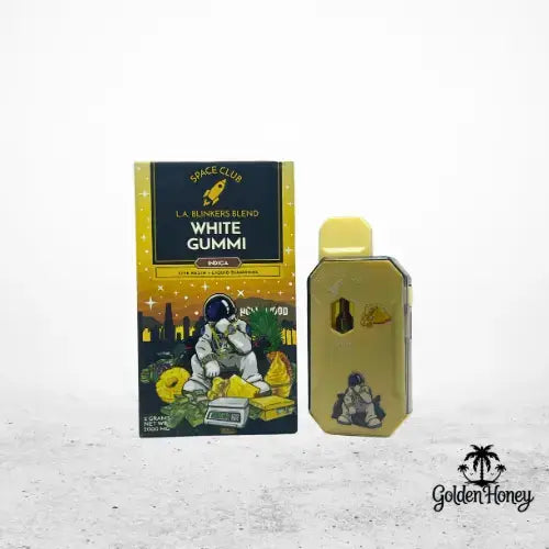 Space Club White Gummi device and packaging, featuring a gold design and astronaut character.