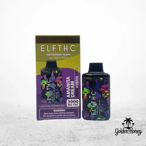 ElfTHC 3000mg THC device in colorful packaging, featuring high potency blend and hybrid flavor profile.