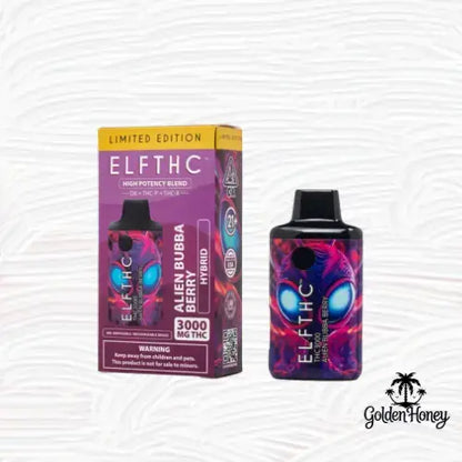 ElfTHC limited edition device featuring Alien Bubba Berry hybrid, 3000 mg THC, colorful design and sleek packaging.