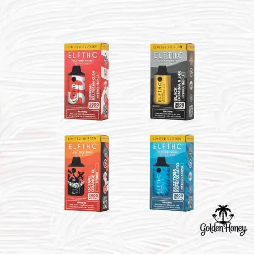 Variety of ElfTHC limited edition products including colorful packaging and different flavors.