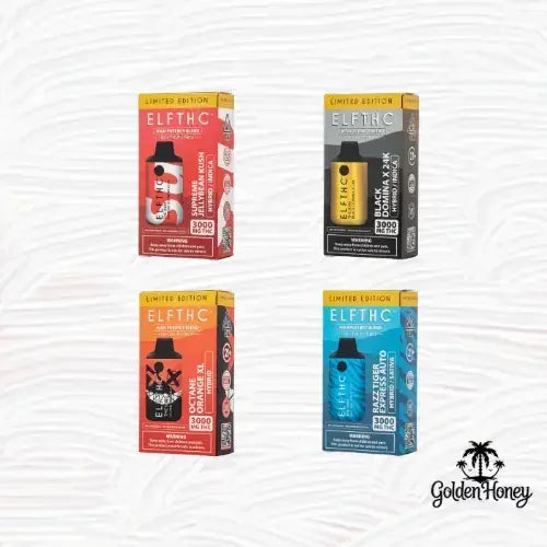 Variety of ElfTHC limited edition products including colorful packaging and different flavors.