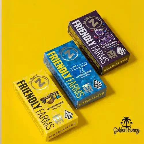 Three Friendly Farms cannabis cartridge boxes in vibrant colors, showcasing flavors on a bright yellow background.