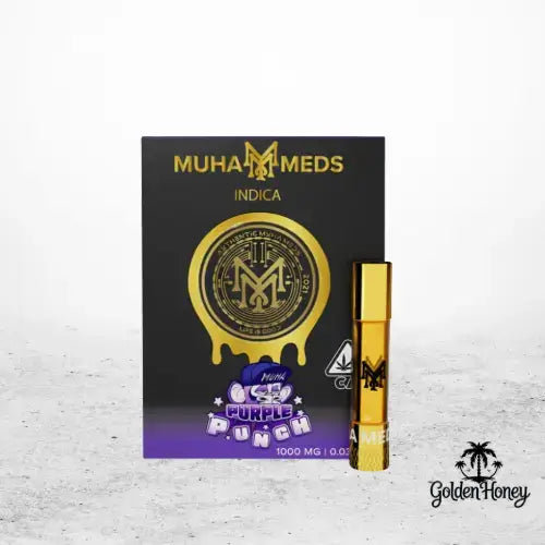 Muha Meds Indica cartridge packaging featuring Purple Punch flavor, 1000 mg extract in an attractive gold container.