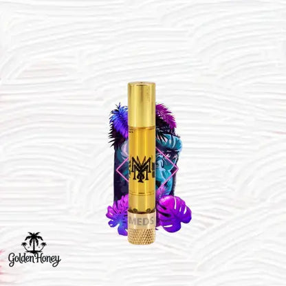 Muha Meds Cartucho Americano de 1ml, envase dorado con diseño vibrante y tropical de fondo.