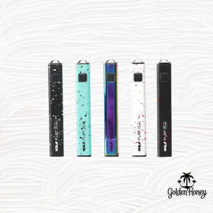 WULF FLAT PLUS batteries in various colors against a textured background, showcasing their sleek design.