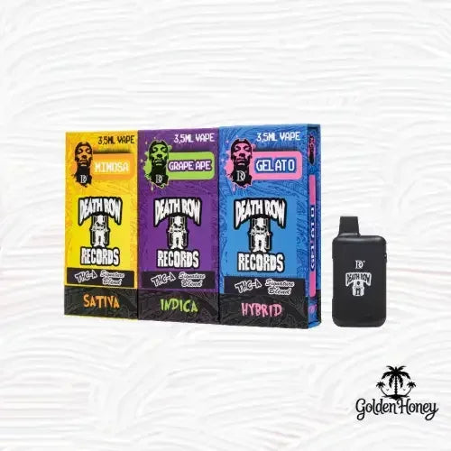 Death Row Dispositivo 3.5ML featuring Mimosa, Grape Ape, Gelato vape flavors in stylish packaging.