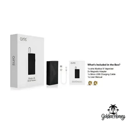 Airis Mistica 3 battery kit including vaporizer, magnetic adapter, USB cable, and user manual.