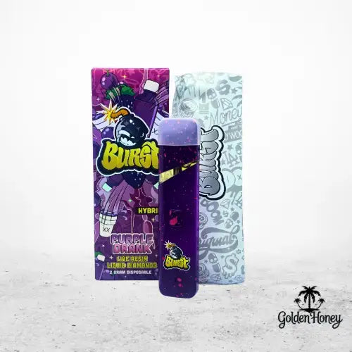 Burst 2ML disposable device with vibrant purple packaging and branding, featuring fruity flavor profile.