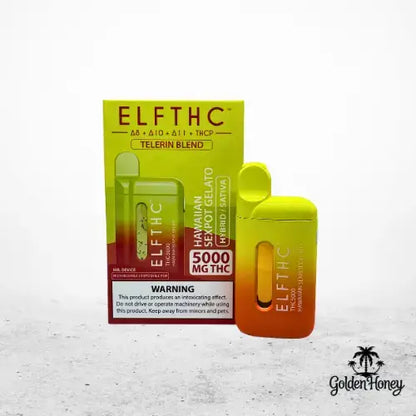 ElfTHC device in Hawaiian flavor with 5000 mg THC, vibrant yellow packaging, ideal for enhanced experience.