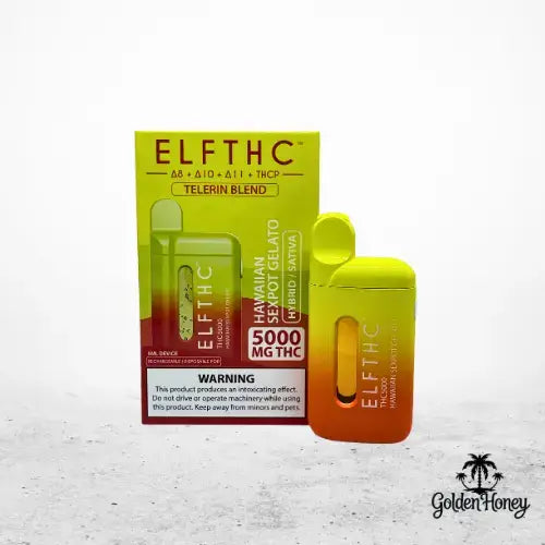 ElfTHC device in Hawaiian flavor with 5000 mg THC, vibrant yellow packaging, ideal for enhanced experience.