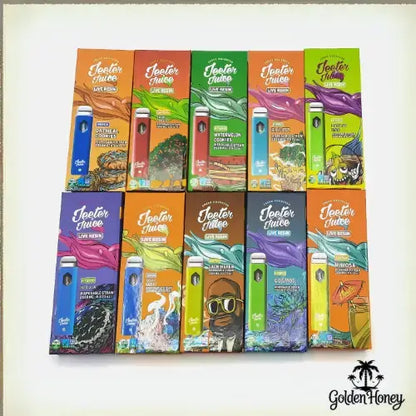 Colorful display of Jeeter Juice vape devices in various flavors and packaging, emphasizing premium Live Resin quality.