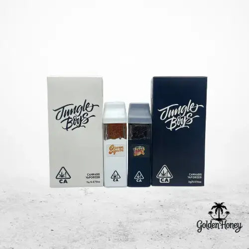 Jungle Boys Dispositivo 2ML, compacto, recargable y de alto rendimiento, presentado en dos cajas estilizadas.
