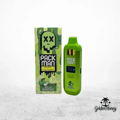 PackMan 2ML vape device in green with screen, next to box featuring Jolly Rancher flavor.
