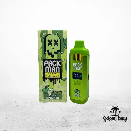 PackMan 2ML vape device in green with screen, next to box featuring Jolly Rancher flavor.