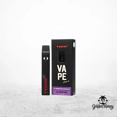 Tyson vape device with Ice Cream Cake flavor packaging, showcasing sleek design and branding.