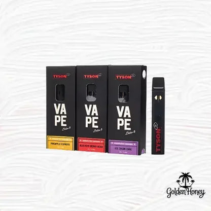 Vape products featuring Tyson brand in various flavors including Pineapple Express and Ice Cream Cake.