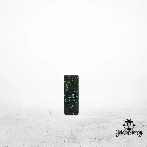 Wulf Kodo Pro battery with OLED display, featuring a green speckled design against a minimalistic white background.